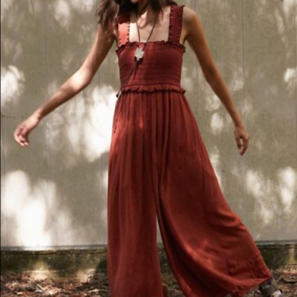 Urban Outfitters Olive Smocked Jumpsuit in burnt orange